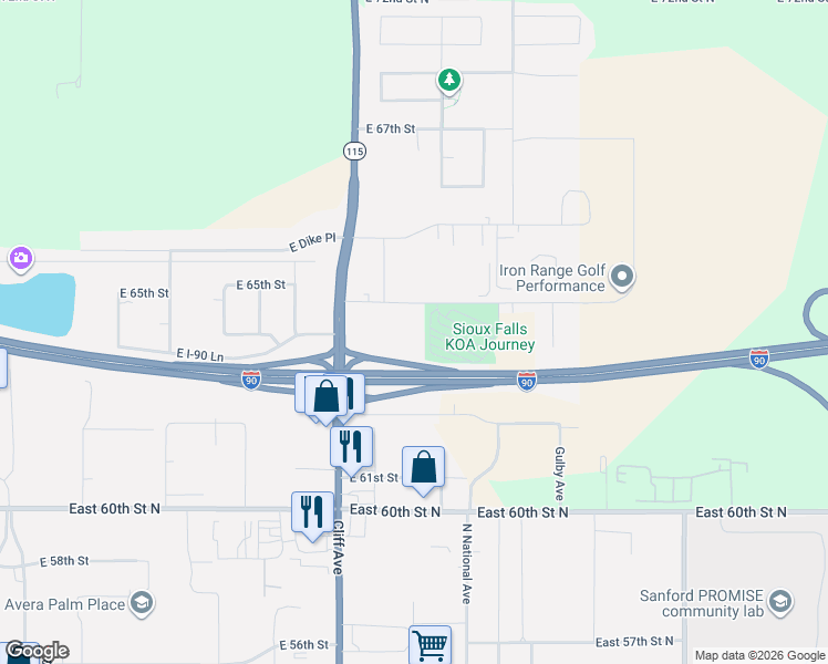 map of restaurants, bars, coffee shops, grocery stores, and more near North Cliff Avenue in Sioux Falls