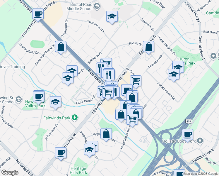 map of restaurants, bars, coffee shops, grocery stores, and more near 5105 Hurontario Street in Mississauga