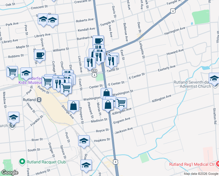 map of restaurants, bars, coffee shops, grocery stores, and more near 142 South Main Street in Rutland