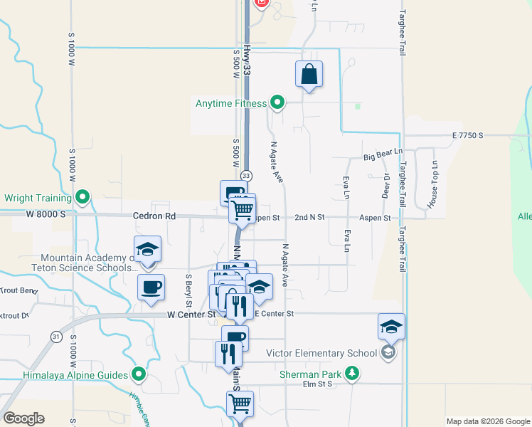 map of restaurants, bars, coffee shops, grocery stores, and more near 40 Aspen in Victor