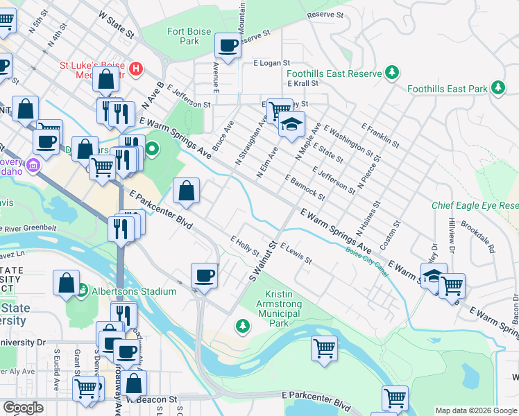map of restaurants, bars, coffee shops, grocery stores, and more near 297 South Elm Street in Boise