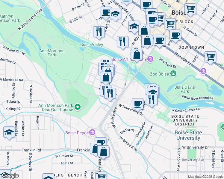map of restaurants, bars, coffee shops, grocery stores, and more near 818 Ann Morrison Park Drive in Boise