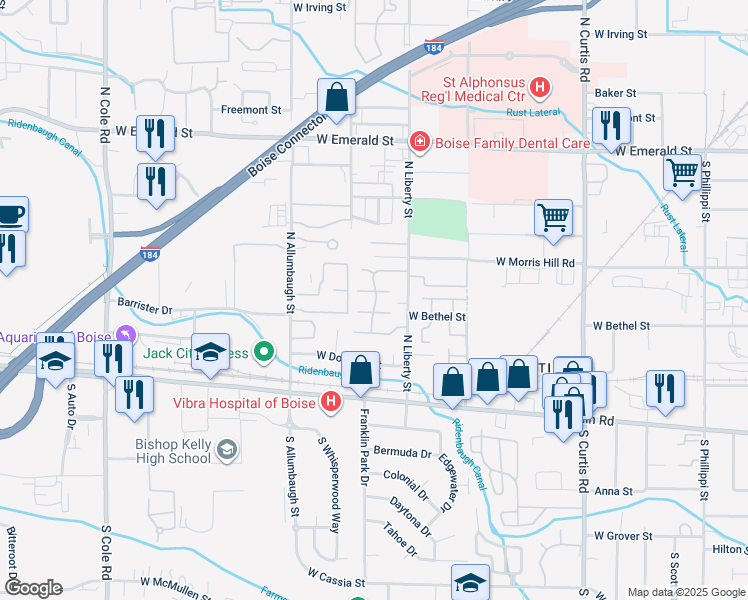 map of restaurants, bars, coffee shops, grocery stores, and more near 195 North Liberty Street in Boise