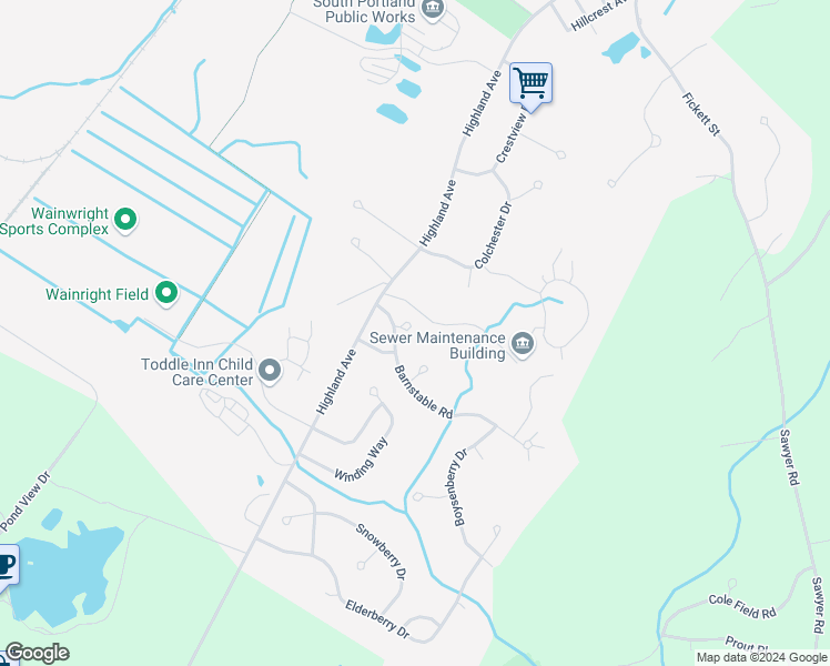 map of restaurants, bars, coffee shops, grocery stores, and more near 136 Brindle Circle in South Portland