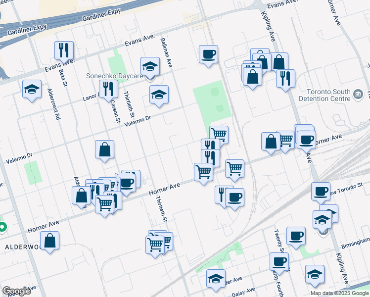 map of restaurants, bars, coffee shops, grocery stores, and more near in Toronto