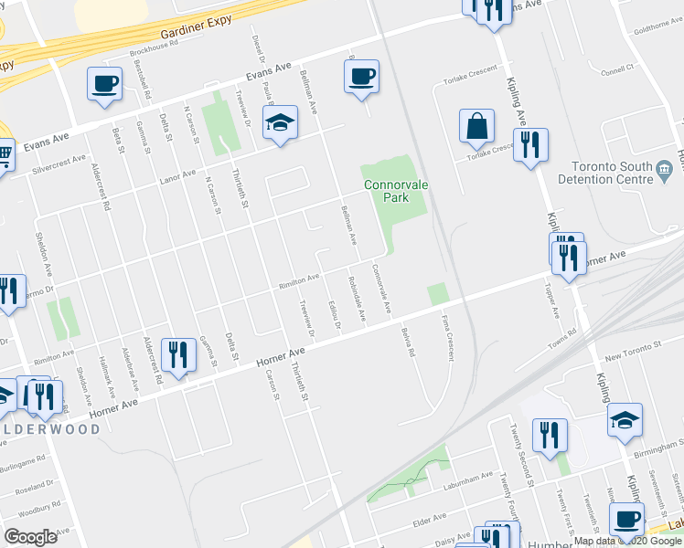 map of restaurants, bars, coffee shops, grocery stores, and more near in Toronto