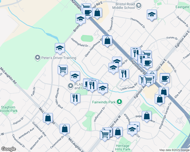 map of restaurants, bars, coffee shops, grocery stores, and more near 239 Glenn Hawthorne Boulevard in Mississauga
