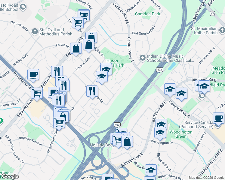 map of restaurants, bars, coffee shops, grocery stores, and more near 4716 Huron Heights Drive in Mississauga