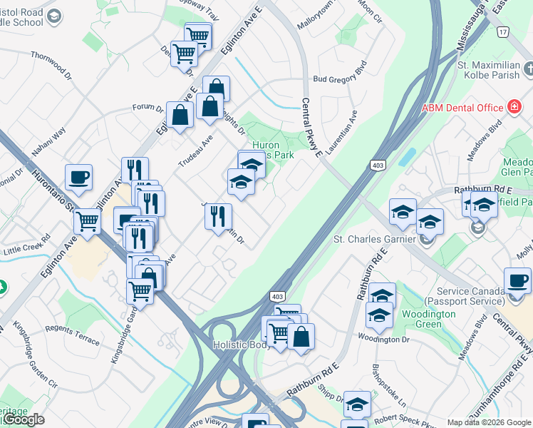 map of restaurants, bars, coffee shops, grocery stores, and more near 4637 James Austin Drive in Mississauga