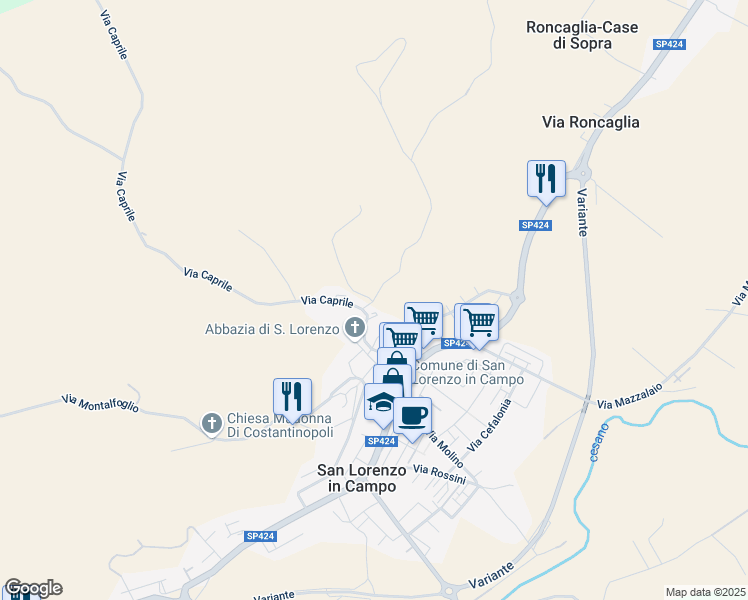 map of restaurants, bars, coffee shops, grocery stores, and more near 28 Via della Fornace in Orciano di Pesaro