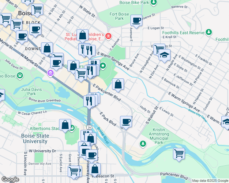 map of restaurants, bars, coffee shops, grocery stores, and more near 701 Morrison Knudsen Plaza Drive in Boise
