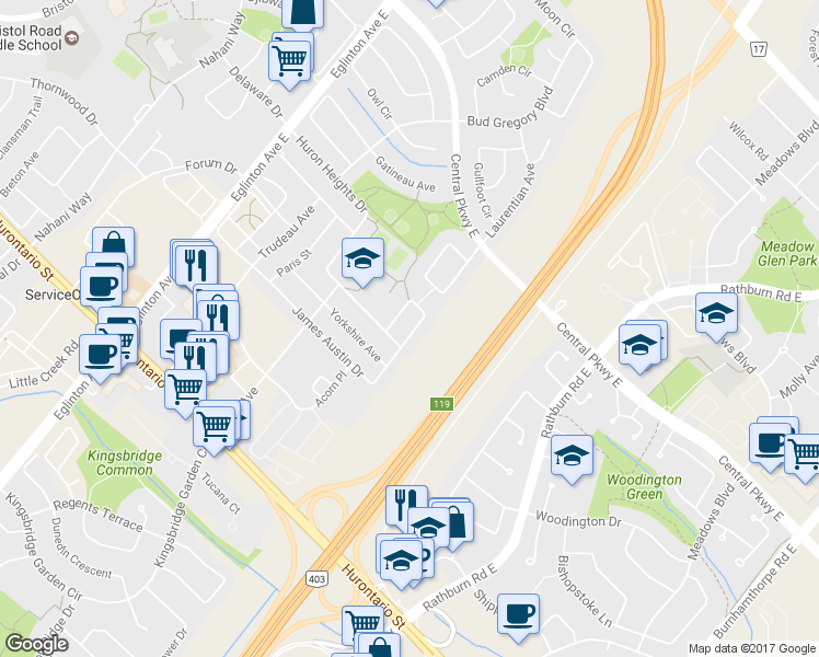 map of restaurants, bars, coffee shops, grocery stores, and more near 4733 James Austin Drive in Mississauga