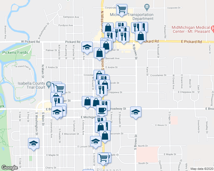map of restaurants, bars, coffee shops, grocery stores, and more near 316 North Mission Street in Mount Pleasant