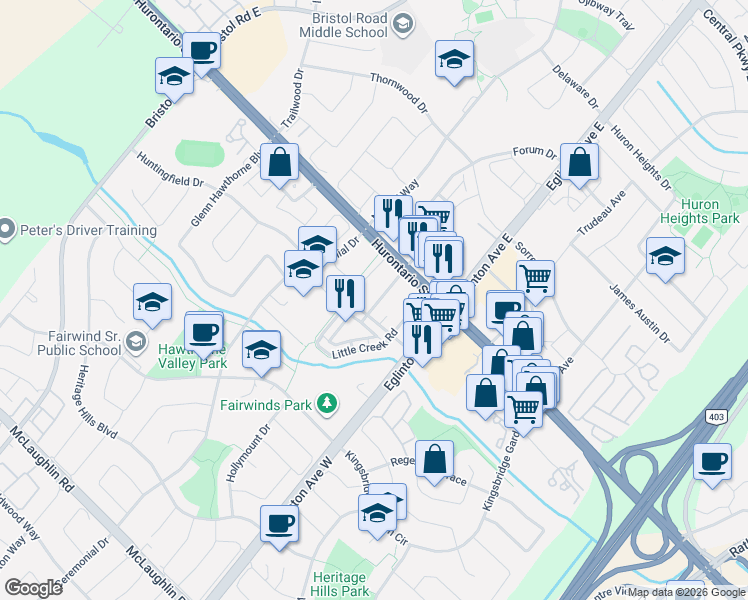 map of restaurants, bars, coffee shops, grocery stores, and more near 35 Watergarden Drive in Mississauga