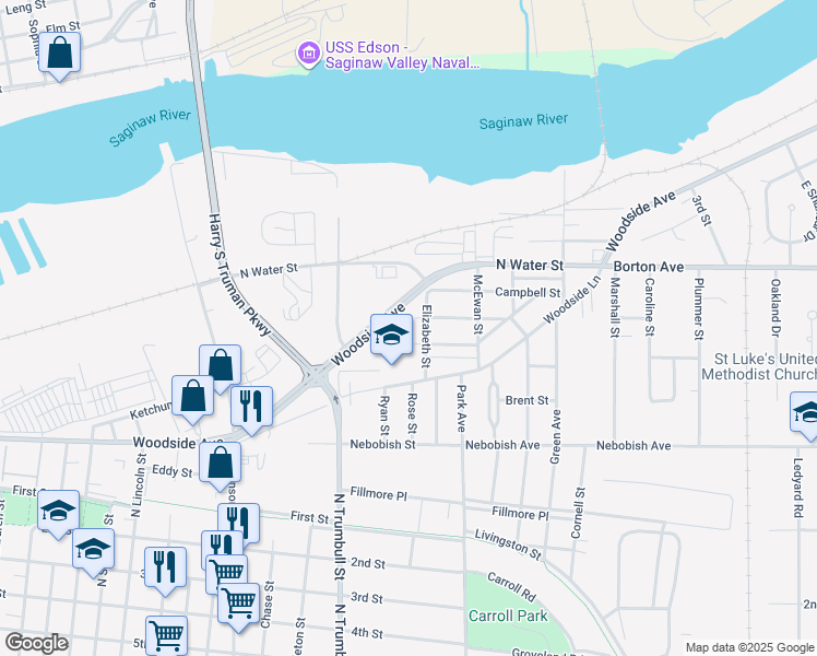 map of restaurants, bars, coffee shops, grocery stores, and more near 2614 North Van Buren Street in Bay City