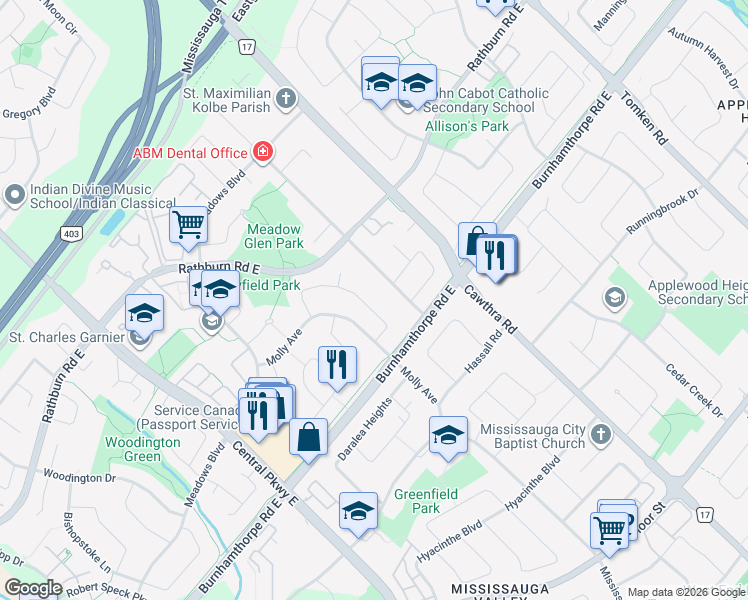 map of restaurants, bars, coffee shops, grocery stores, and more near 4063 Molly Avenue in Mississauga