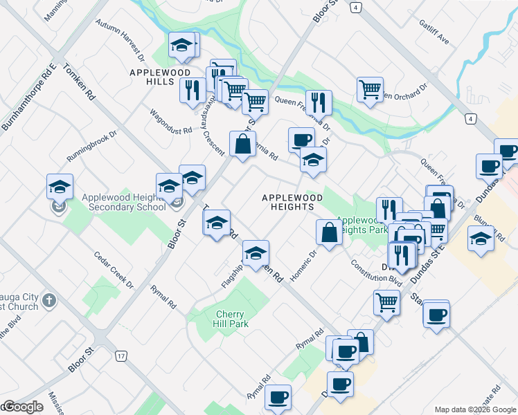 map of restaurants, bars, coffee shops, grocery stores, and more near 1033 Franconia Drive in Mississauga