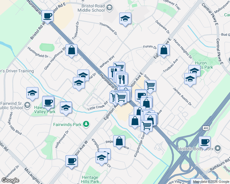 map of restaurants, bars, coffee shops, grocery stores, and more near 5044 Hurontario Street in Mississauga