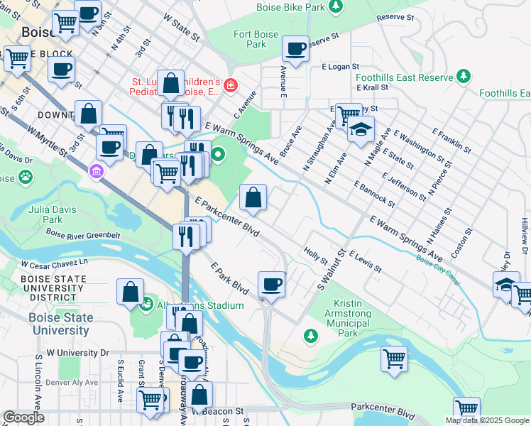 map of restaurants, bars, coffee shops, grocery stores, and more near 765 East Holly Street in Boise