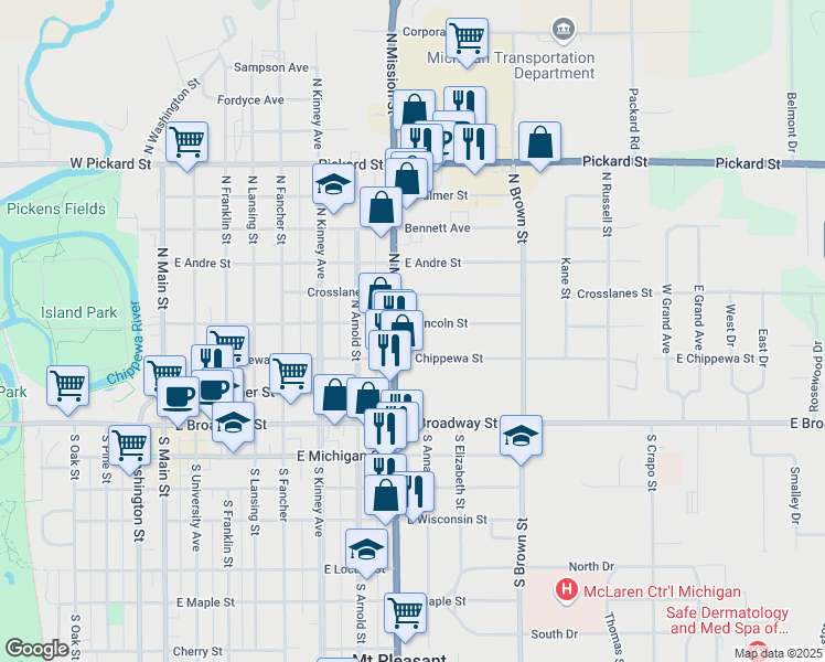 map of restaurants, bars, coffee shops, grocery stores, and more near 825 East Chippewa Street in Mount Pleasant