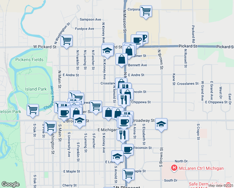 map of restaurants, bars, coffee shops, grocery stores, and more near 322 North Arnold Street in Mount Pleasant