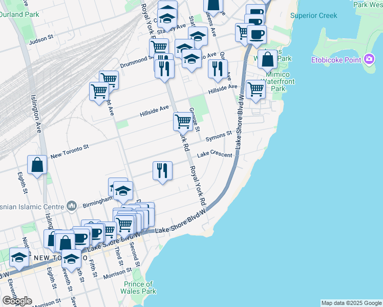 map of restaurants, bars, coffee shops, grocery stores, and more near 79 Royal York Road in Toronto