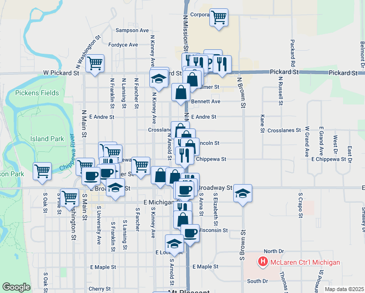 map of restaurants, bars, coffee shops, grocery stores, and more near 223 North Mission Street in Mount Pleasant