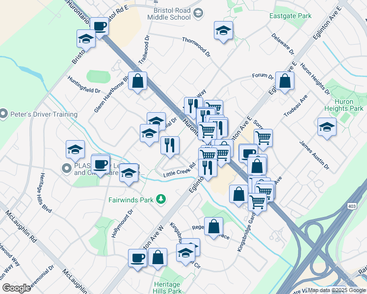 map of restaurants, bars, coffee shops, grocery stores, and more near 35 Watergarden Drive in Mississauga