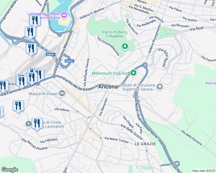 map of restaurants, bars, coffee shops, grocery stores, and more near in Ancona