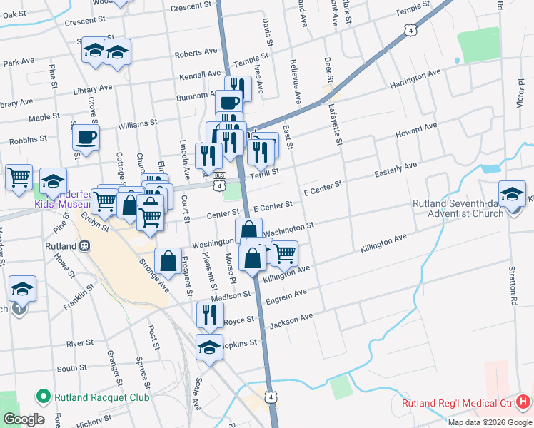 map of restaurants, bars, coffee shops, grocery stores, and more near 11 East Washington Street in Rutland