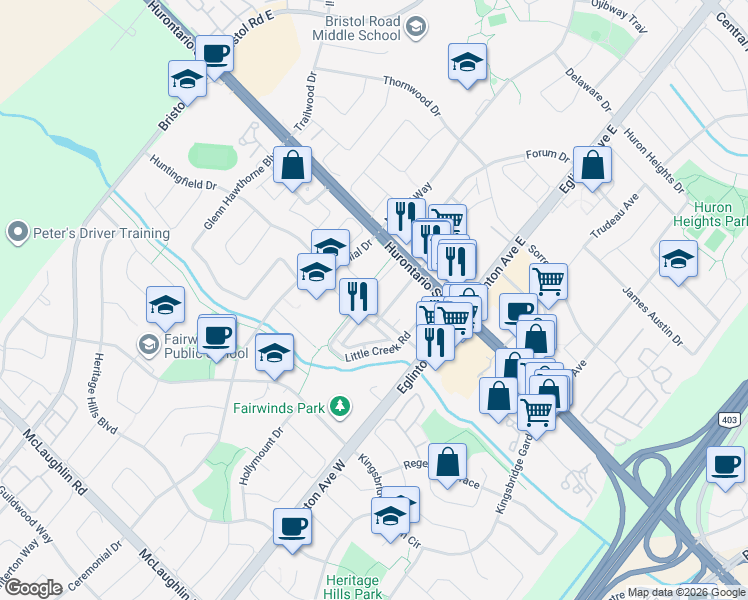 map of restaurants, bars, coffee shops, grocery stores, and more near 35 Watergarden Drive in Mississauga