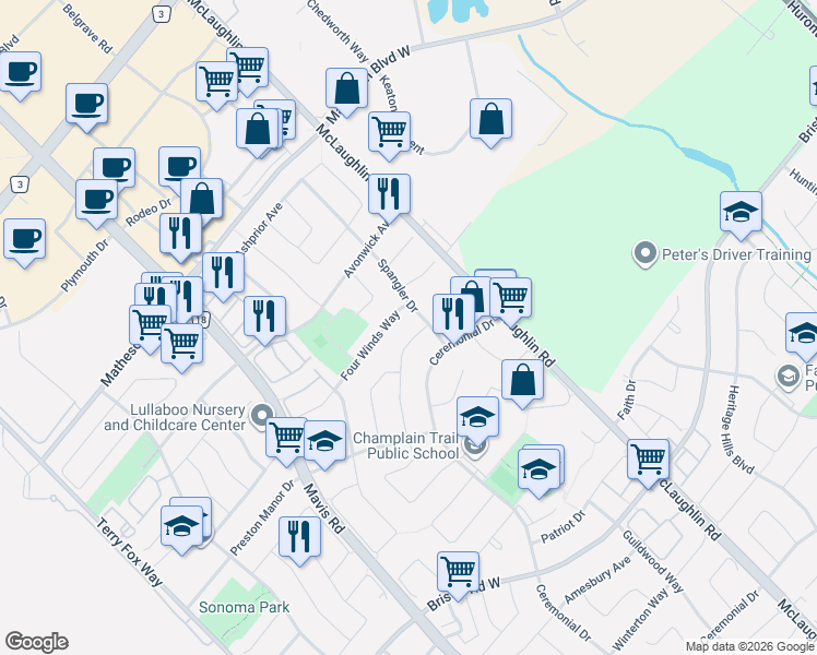 map of restaurants, bars, coffee shops, grocery stores, and more near 571 Roselaire Trail in Mississauga