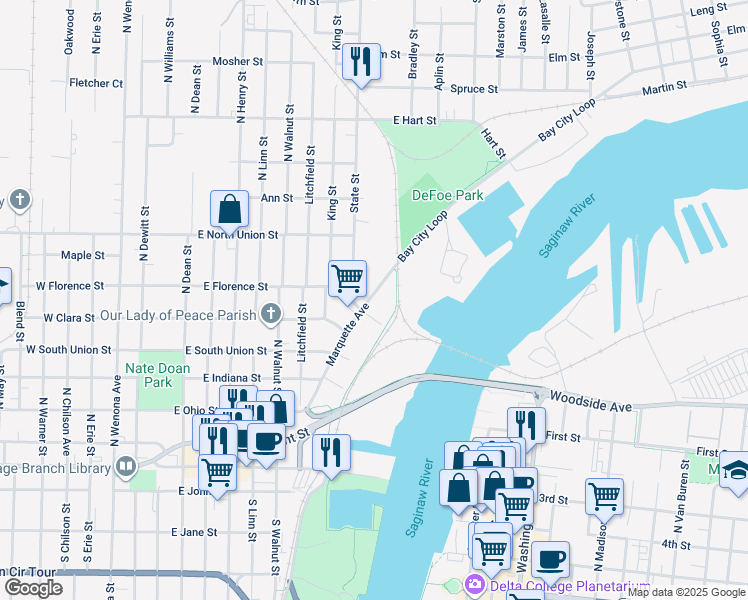map of restaurants, bars, coffee shops, grocery stores, and more near 404 Marquette Avenue in Bay City
