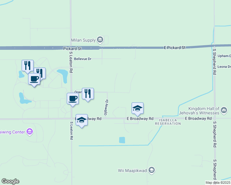 map of restaurants, bars, coffee shops, grocery stores, and more near 2395 Ojibway Drive in Mount Pleasant