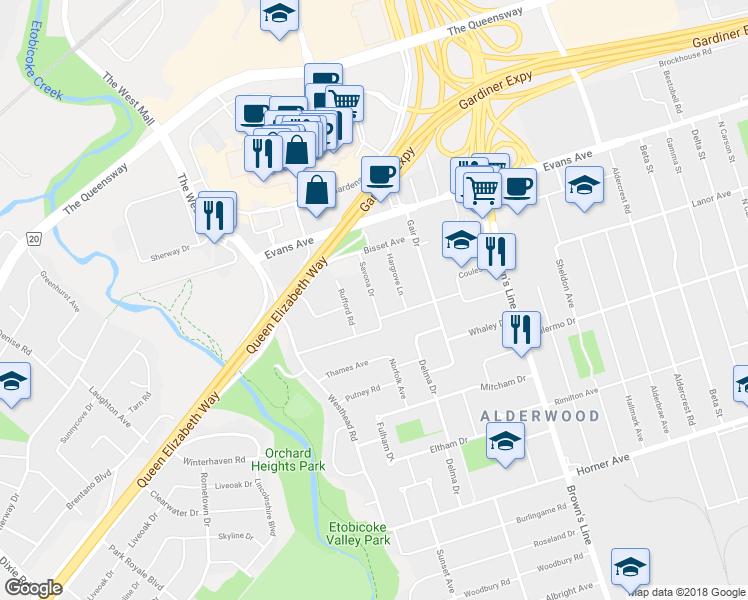 map of restaurants, bars, coffee shops, grocery stores, and more near 29 Savona Drive in Toronto