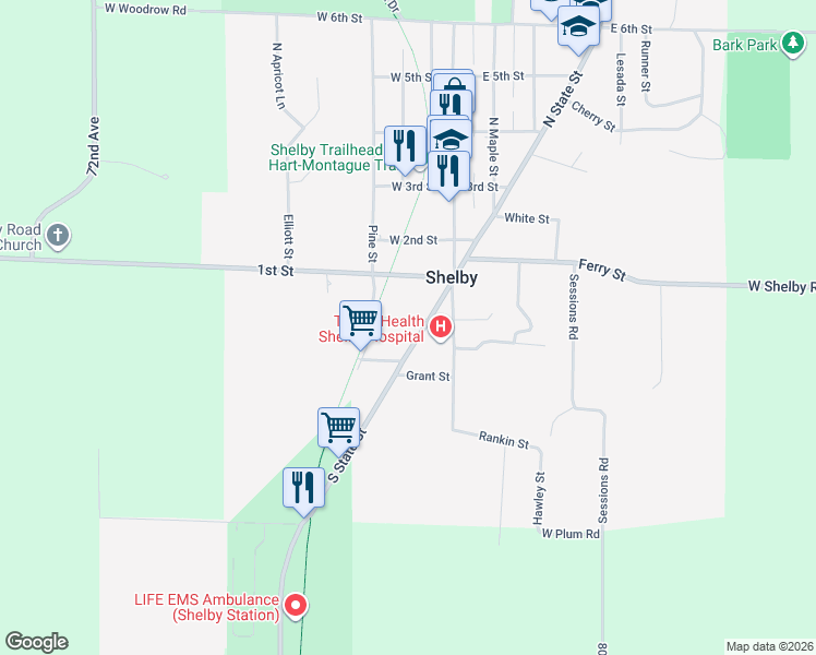 map of restaurants, bars, coffee shops, grocery stores, and more near 72 Bevier Street in Shelby