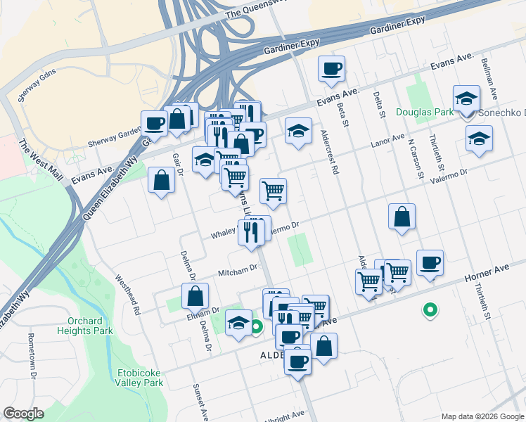 map of restaurants, bars, coffee shops, grocery stores, and more near in Toronto