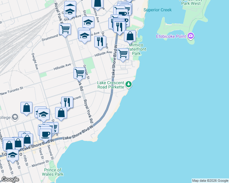 map of restaurants, bars, coffee shops, grocery stores, and more near 2585 Lake Shore Boulevard West in Toronto
