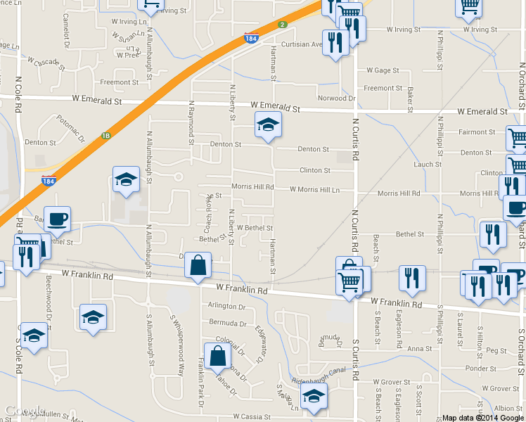 map of restaurants, bars, coffee shops, grocery stores, and more near 214 North Avenger Lane in Boise