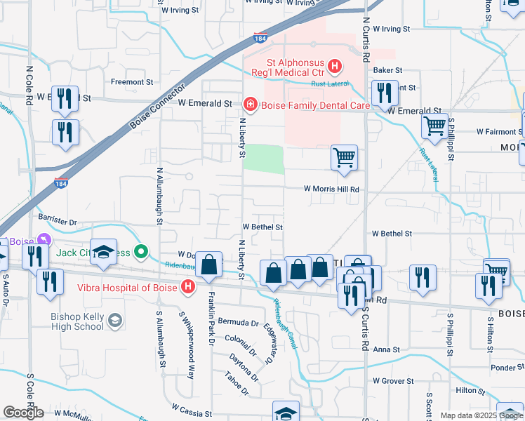 map of restaurants, bars, coffee shops, grocery stores, and more near 211 North Sea Fury Lane in Boise