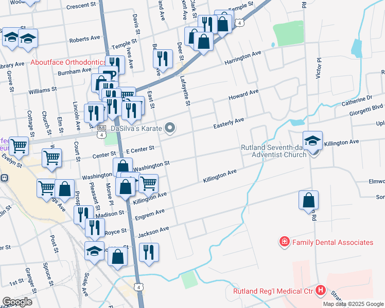 map of restaurants, bars, coffee shops, grocery stores, and more near 77 Lafayette Street in Rutland