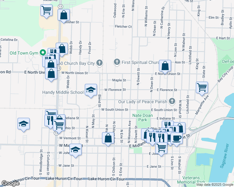 map of restaurants, bars, coffee shops, grocery stores, and more near 510 North Chilson Avenue in Bay City