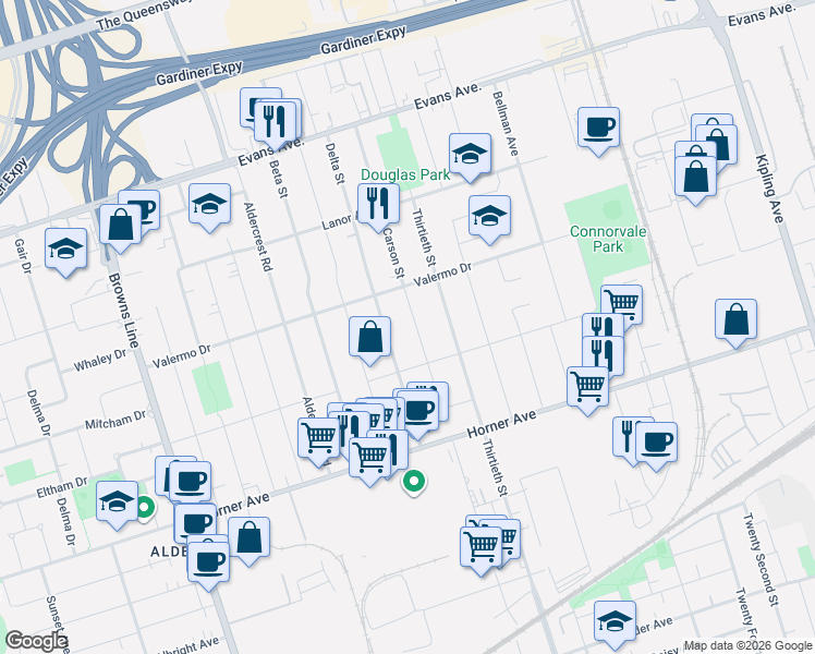 map of restaurants, bars, coffee shops, grocery stores, and more near 120 North Carson Street in Toronto