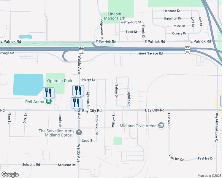 map of restaurants, bars, coffee shops, grocery stores, and more near 612 Hemlock Street in Midland