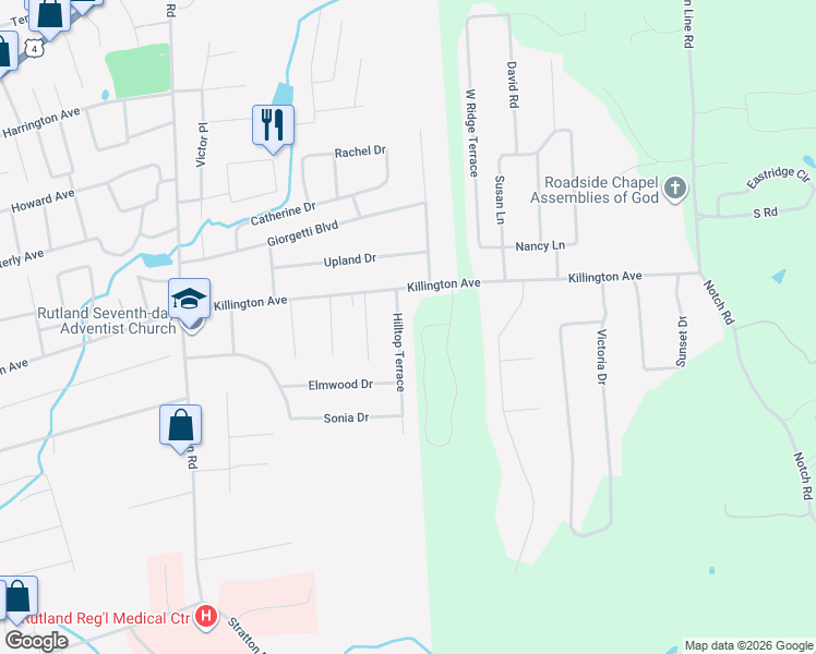 map of restaurants, bars, coffee shops, grocery stores, and more near 9 Hilltop Terrace in Rutland