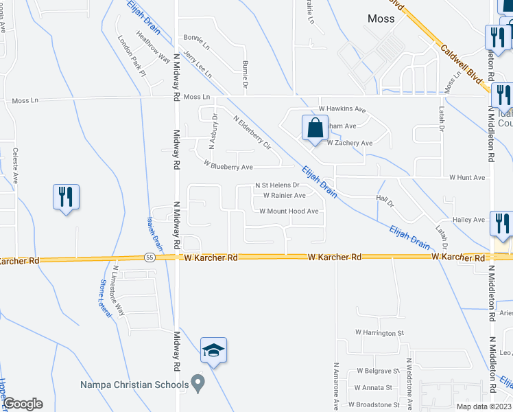 map of restaurants, bars, coffee shops, grocery stores, and more near 11744 West Mount Wood Avenue in Nampa