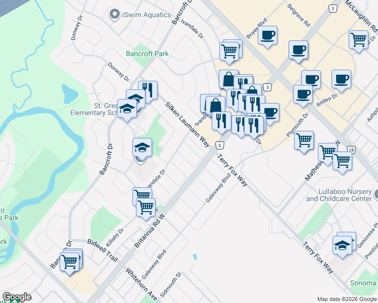 map of restaurants, bars, coffee shops, grocery stores, and more near 6098 Rowers Crescent in Mississauga