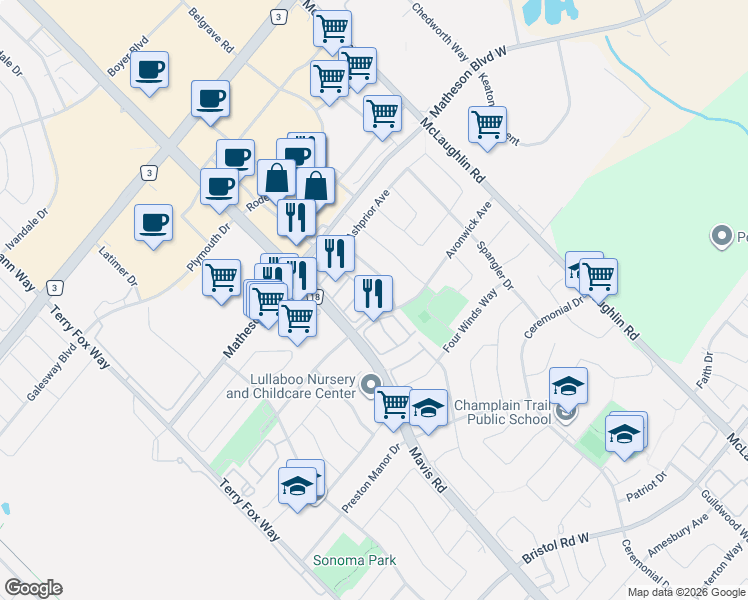 map of restaurants, bars, coffee shops, grocery stores, and more near 5757 Tiz Road in Mississauga