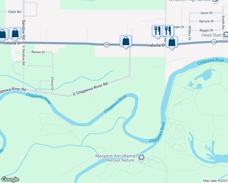 map of restaurants, bars, coffee shops, grocery stores, and more near 1852 East Chippewa River Road in Midland