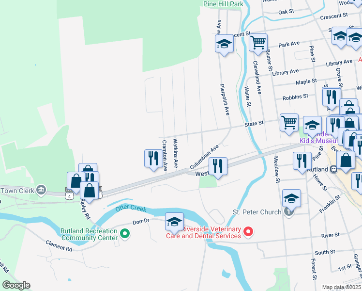 map of restaurants, bars, coffee shops, grocery stores, and more near 26 Watkins Avenue in Rutland